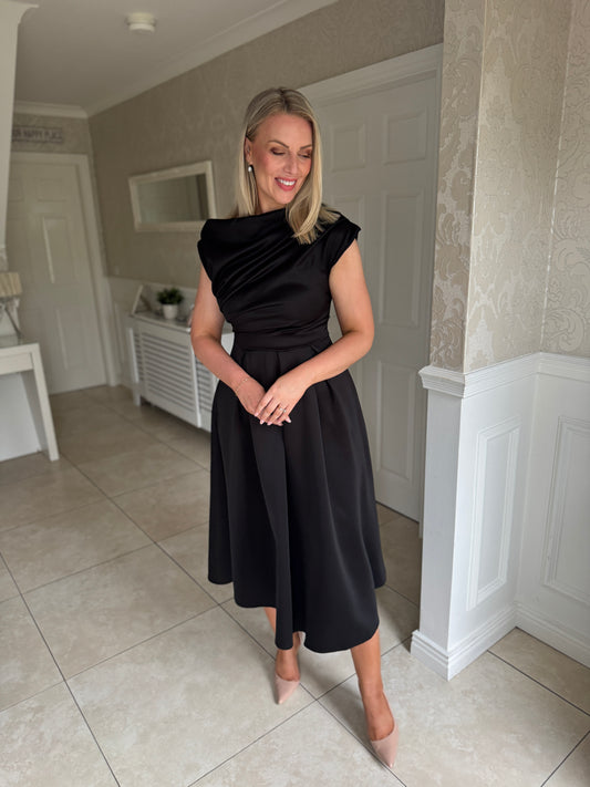 Betty Asymmetric Neckline Floral Skater Midi Dress Black