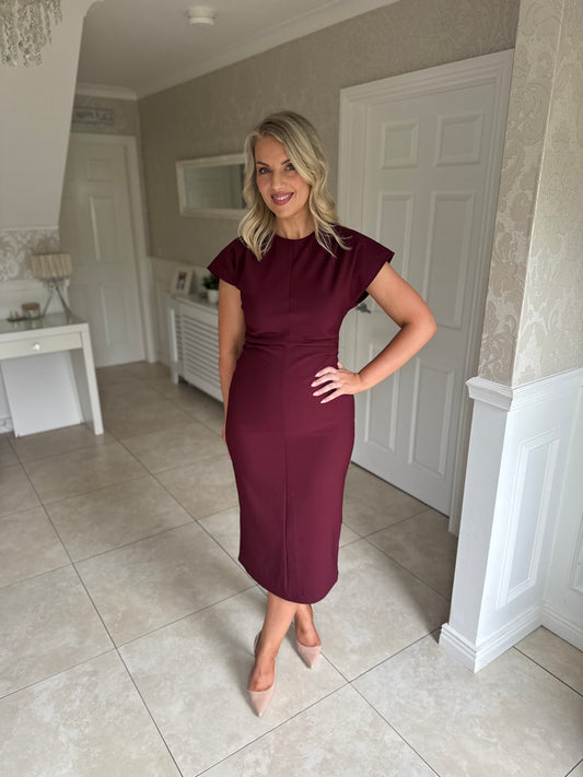 Terri Ruched Waist Short Sleeve Burgundy Midi Dress