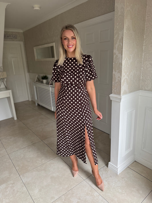 Chocolate Polka Dot Print Puff Sleeve Midi Dress