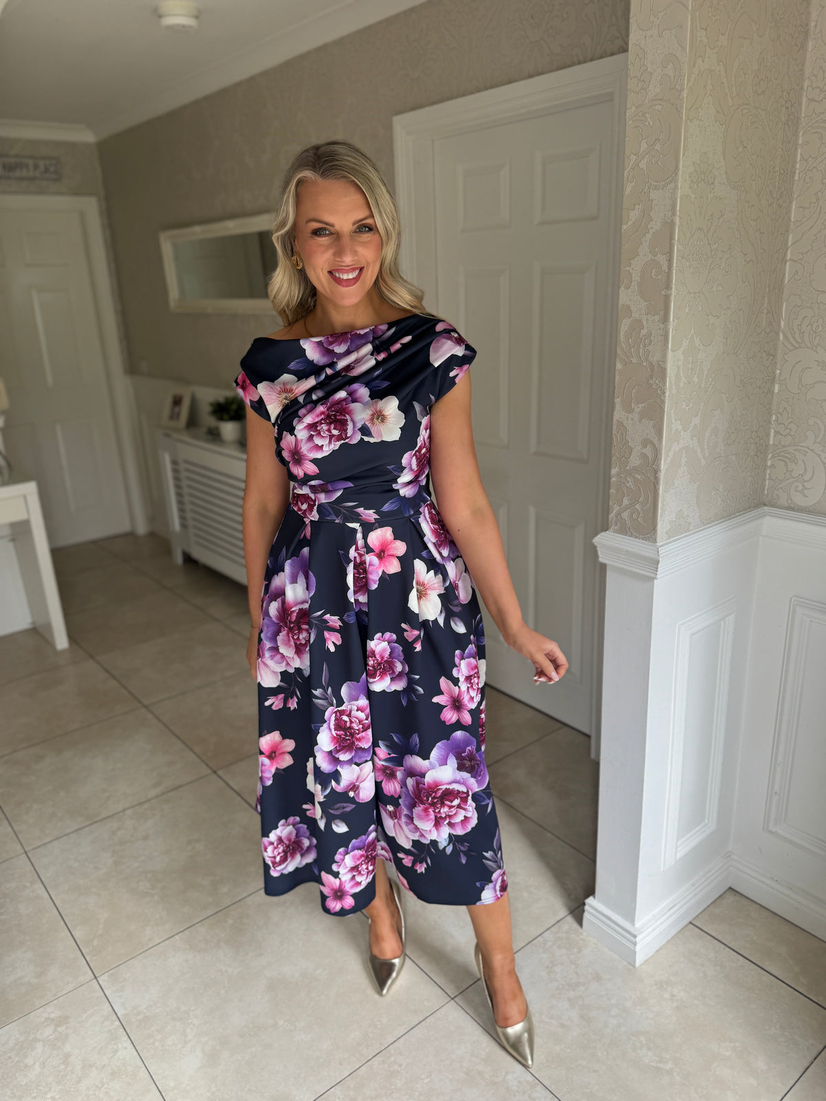 Betty Asymmetric Neckline Floral Skater Midi Dress Navy