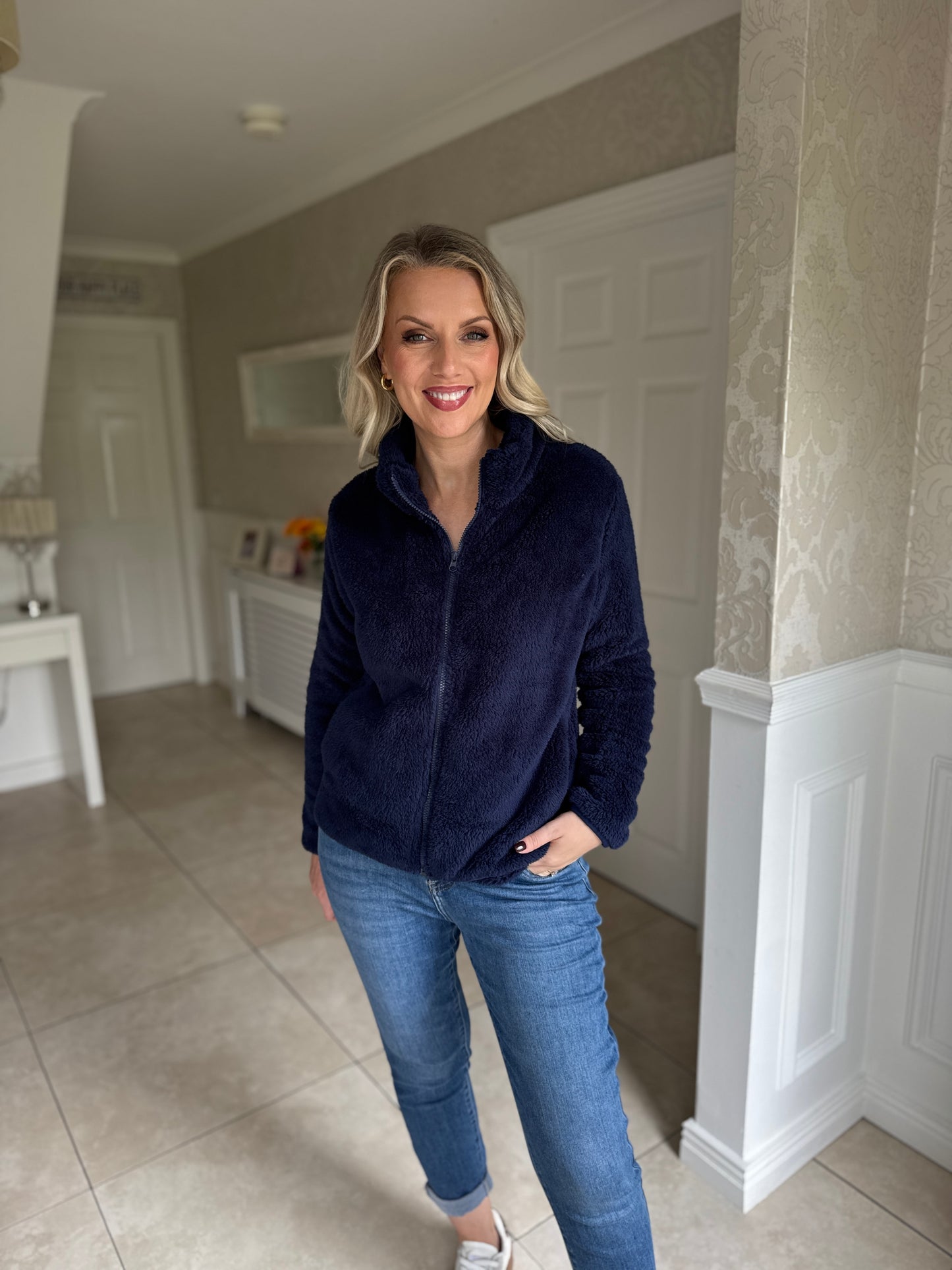 Teddy Fleece Bomber Jacket-Navy