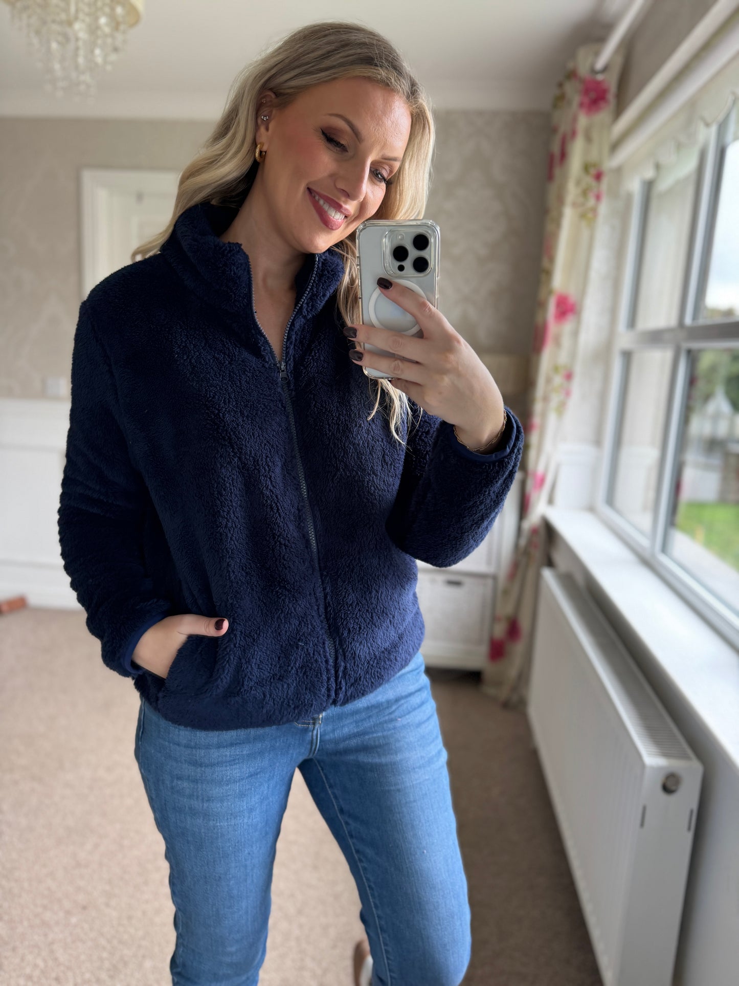 Teddy Fleece Bomber Jacket-Navy