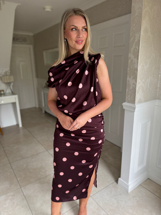 Plum Polka Dot Off The Shoulder Draped Midi Dress