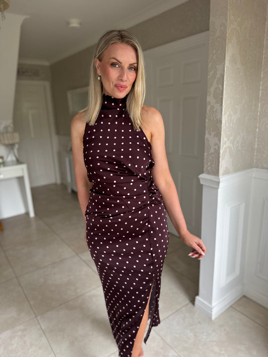 Burgundy Polka Dot Satin Ruched Midi Dress