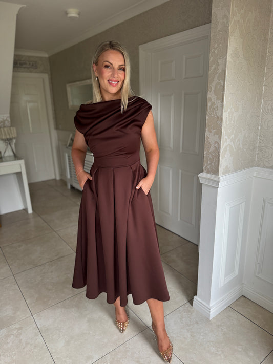 Betty Asymmetric Neckline Floral Skater Midi Dress Brown