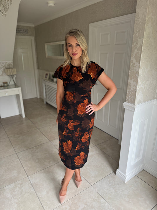 Terri Ruched Waist Short Sleeve Orange Midi Dress