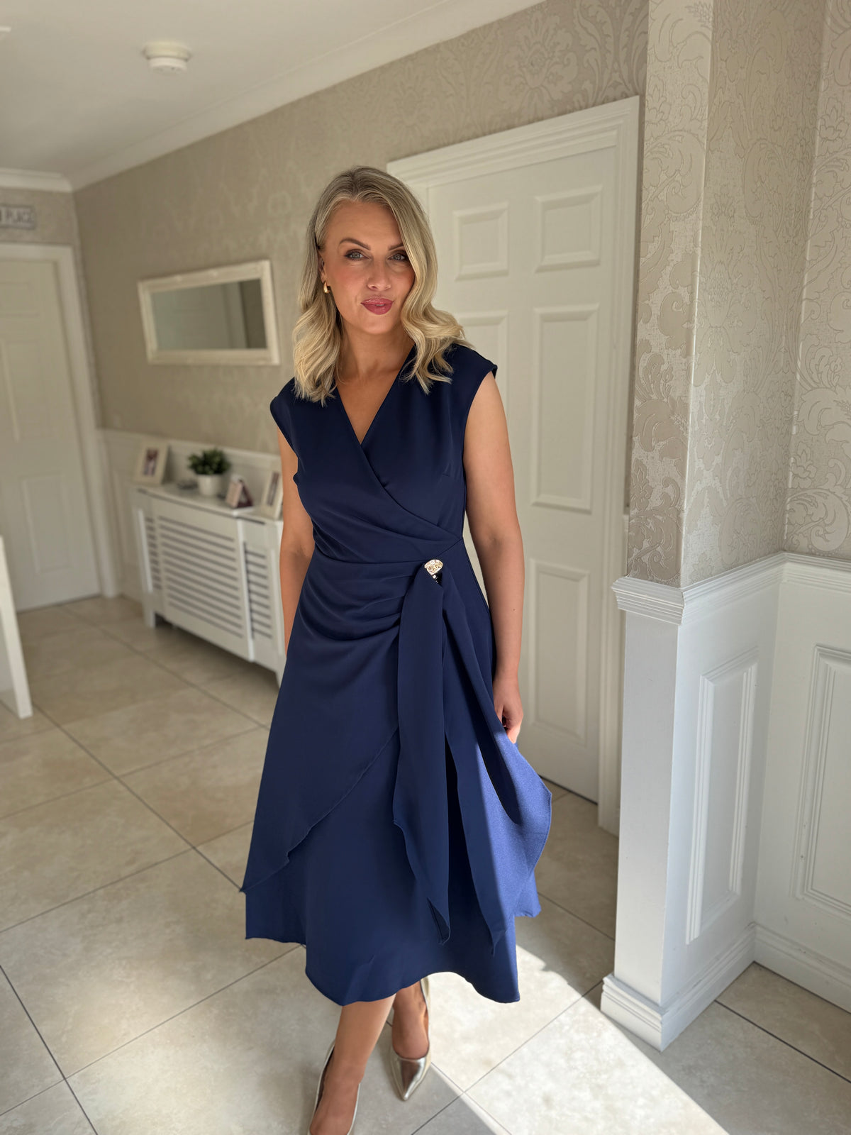 Annette Wrap Buckle Detail Midi Dress Navy