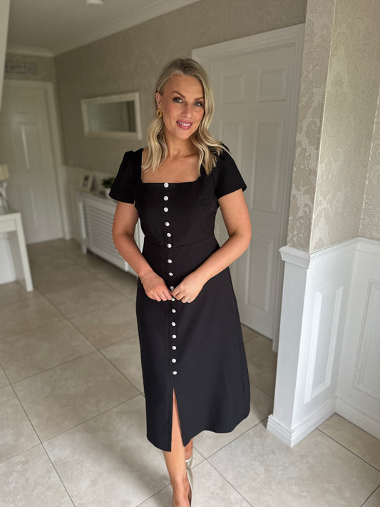 Aliya Pearl Button Midi Dress Black
