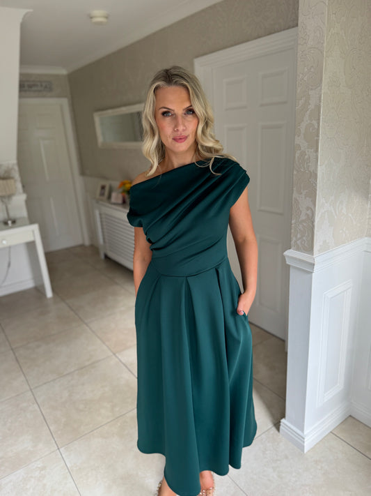 Betty Asymmetric Neckline Skater Midi Emerald