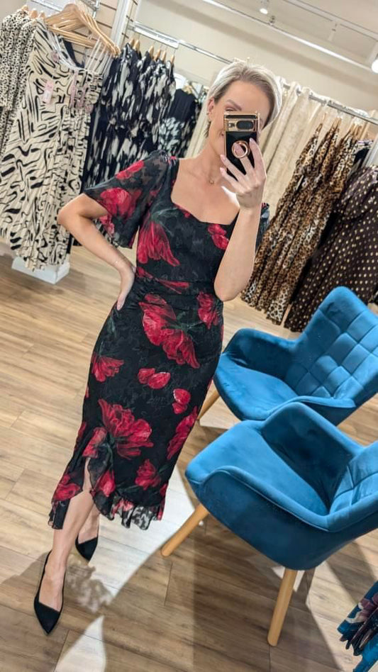 Heidi Red & Black Floral Dress