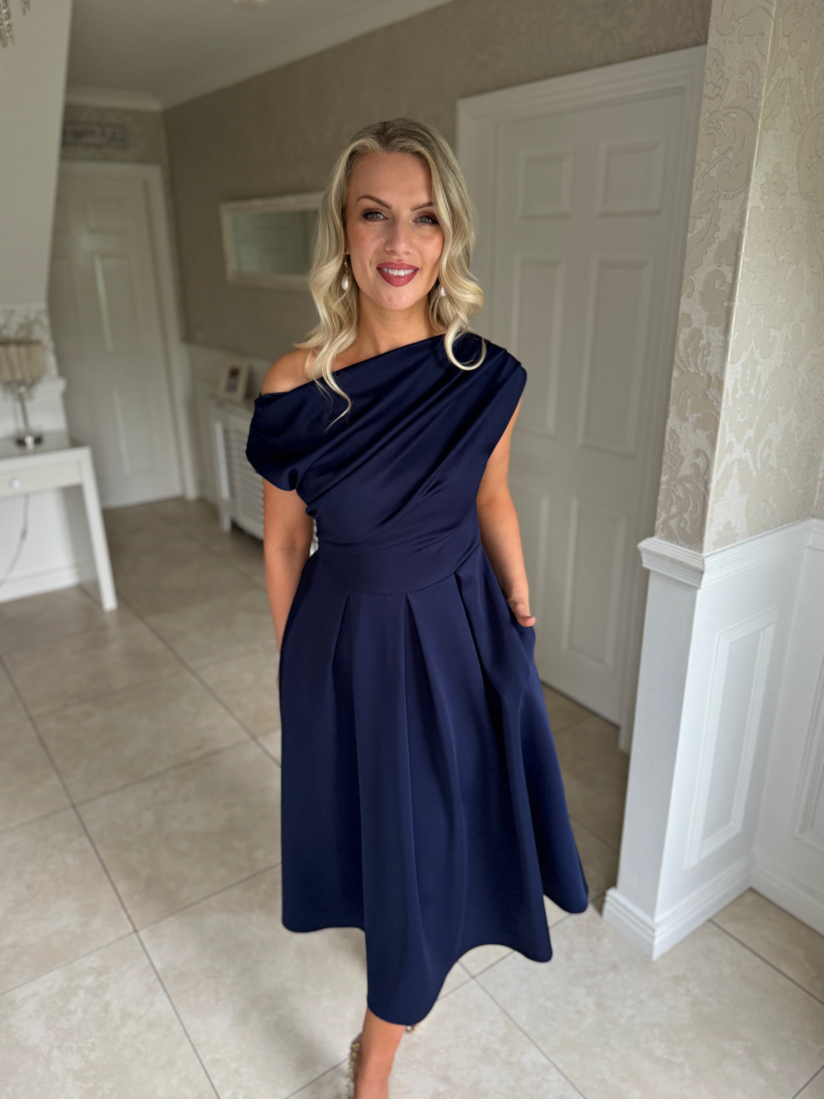 Betty Asymmetric Neckline Skater Midi Navy