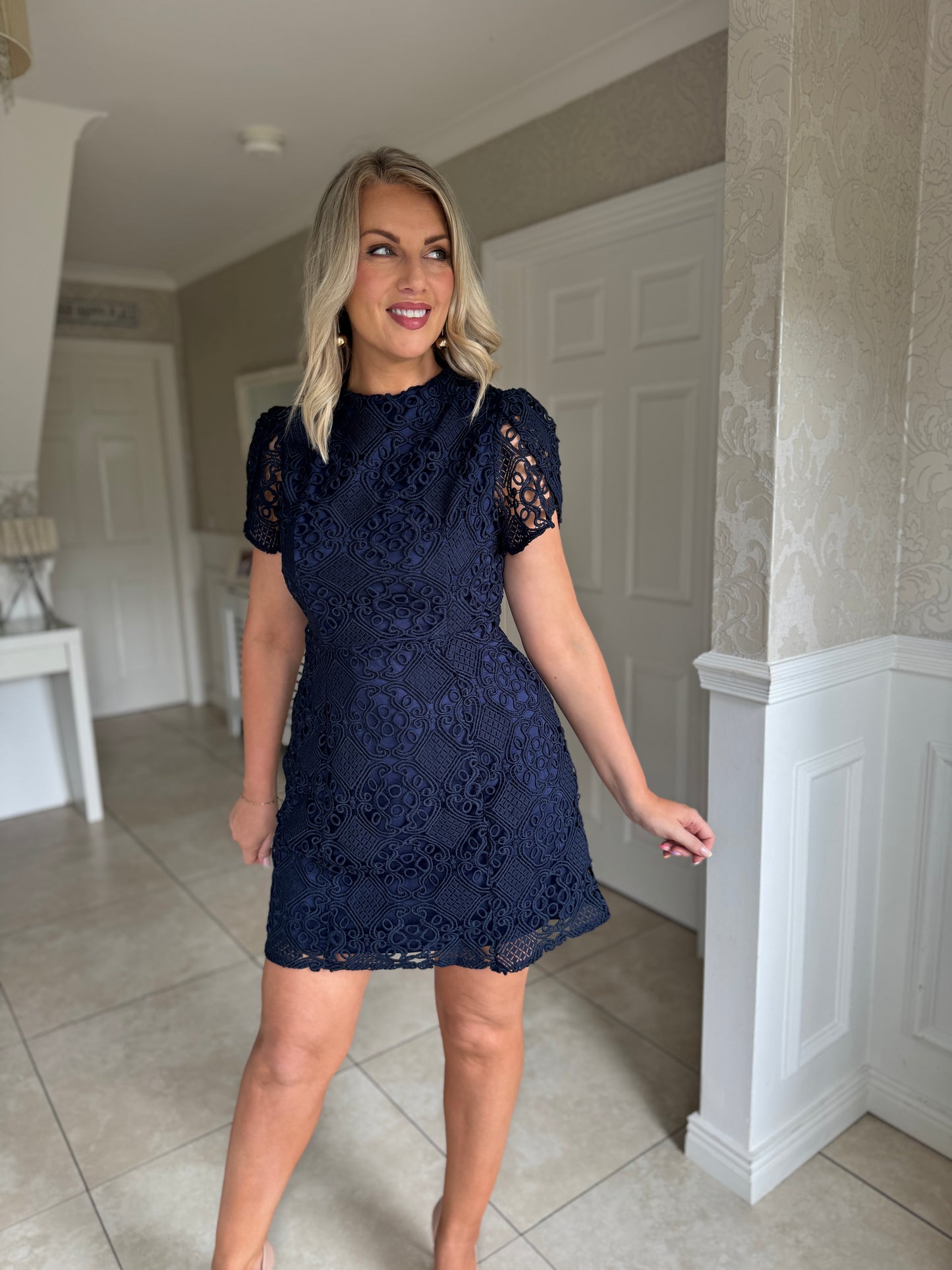 Ami Corded Lace Tulip Sleeve Mini Dress Navy