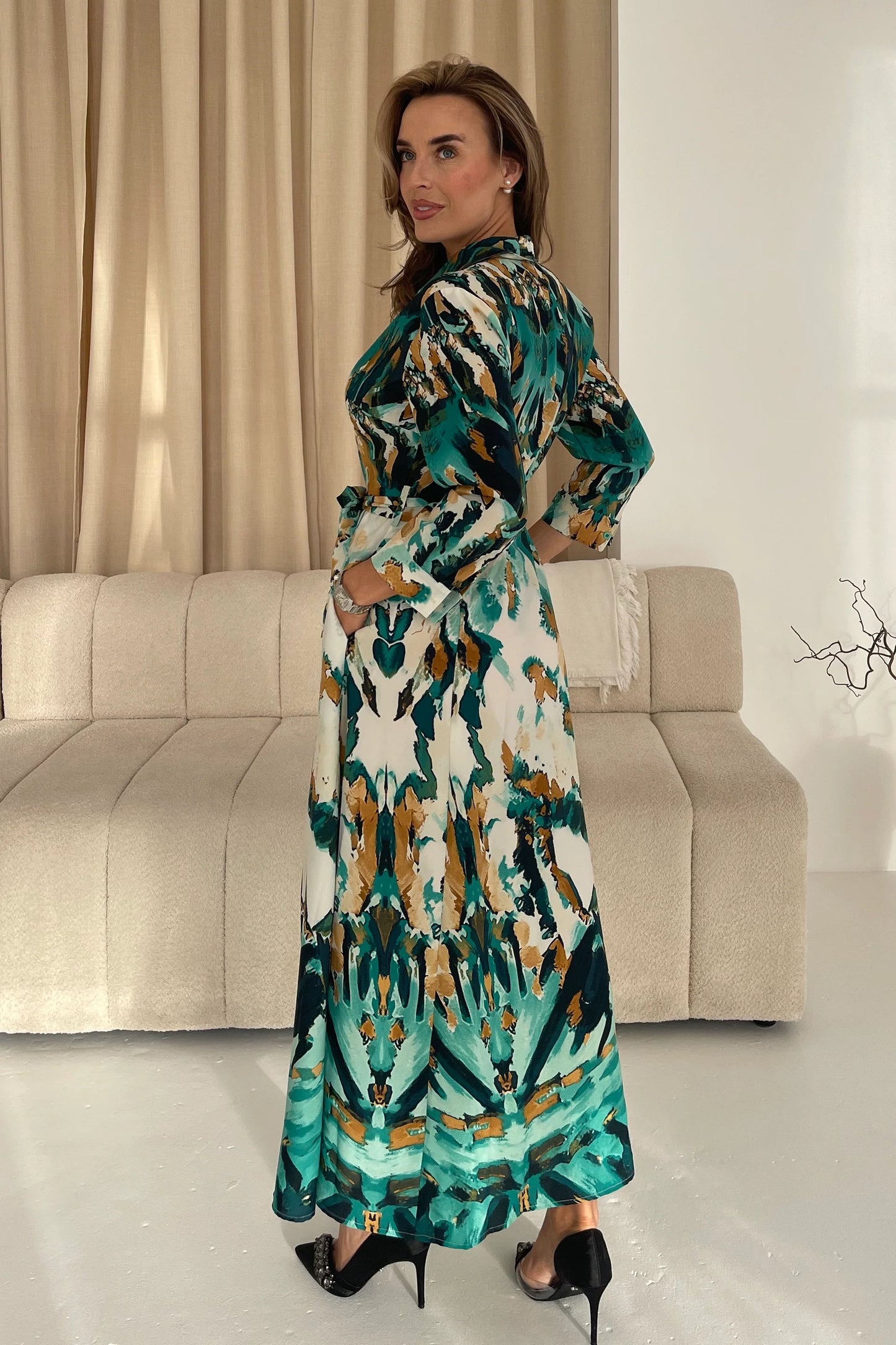 Angela Mixed Abstract Shirt Maxi Dress Green