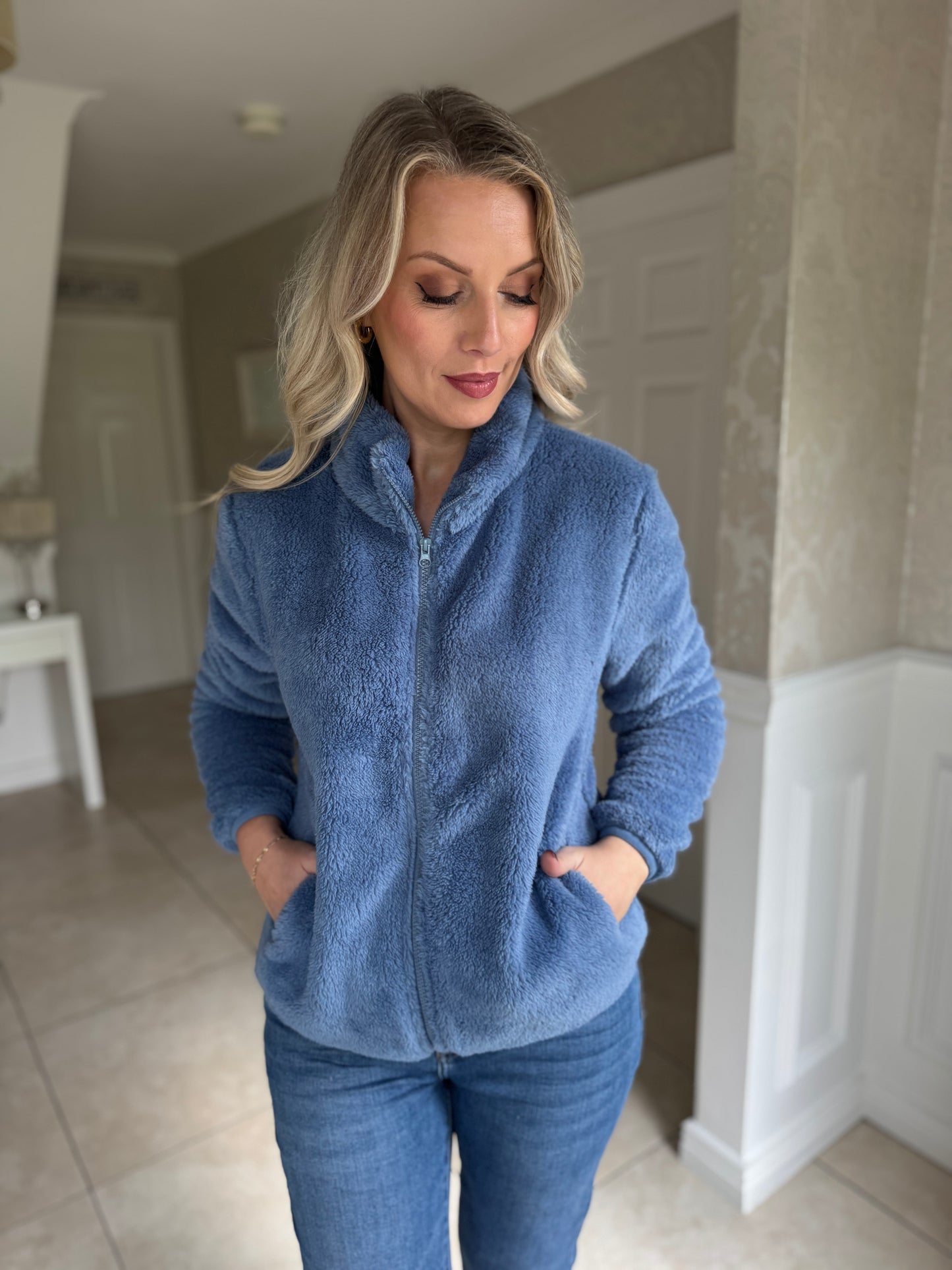 Teddy Fleece Bomber Jacket-Blue