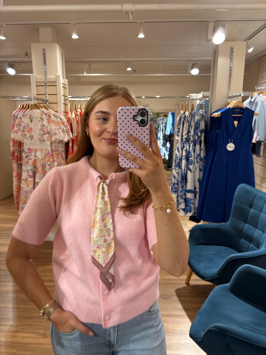 Neck Tie Short Sleeve Knit- Pink