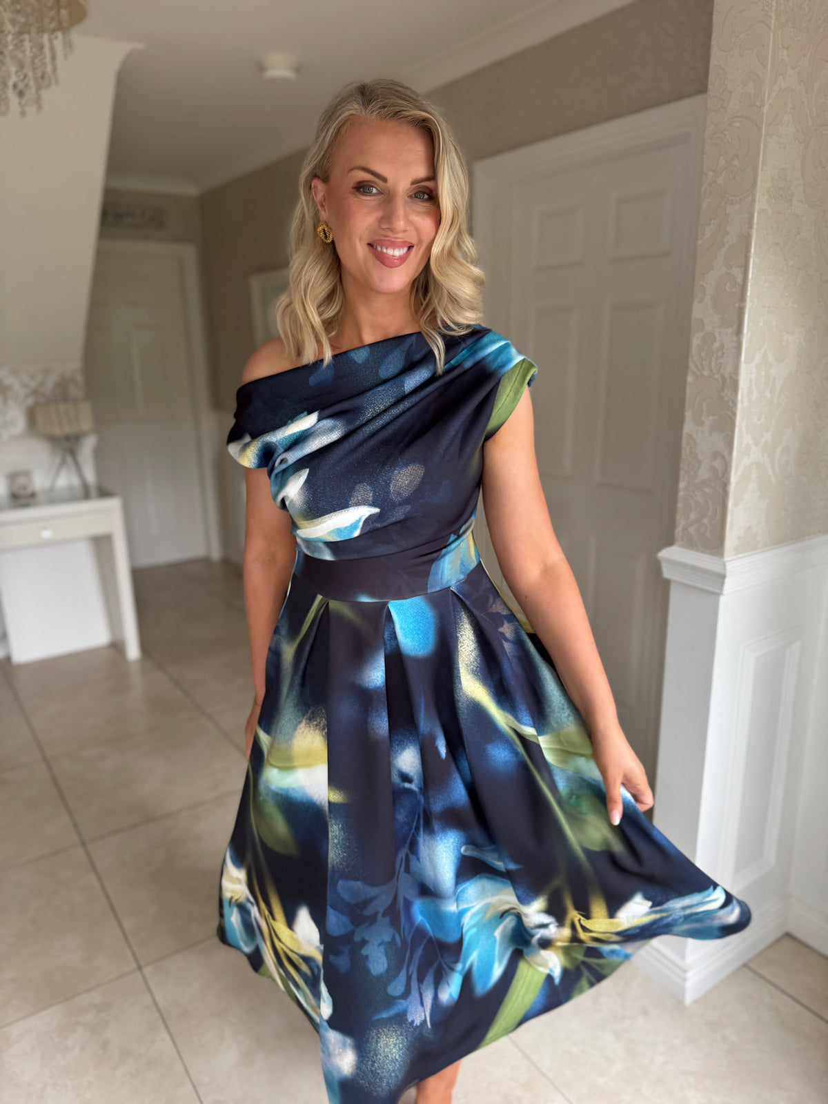 Betty Asymmetric Neckline Large Floral Skater Midi Dress Sapphire Blue