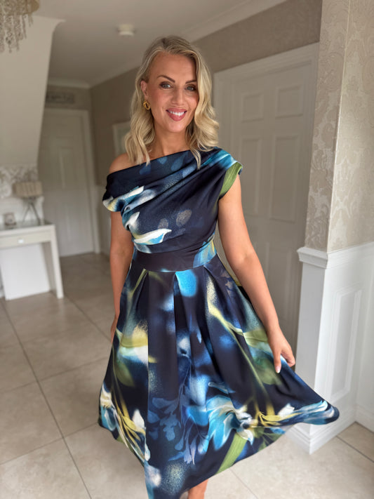 Betty Asymmetric Neckline Large Floral Skater Midi Dress Sapphire Blue