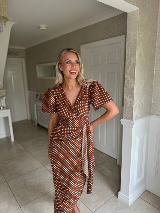 Drew Puff Sleeve Wrap Front Midi Dress Brown Spot