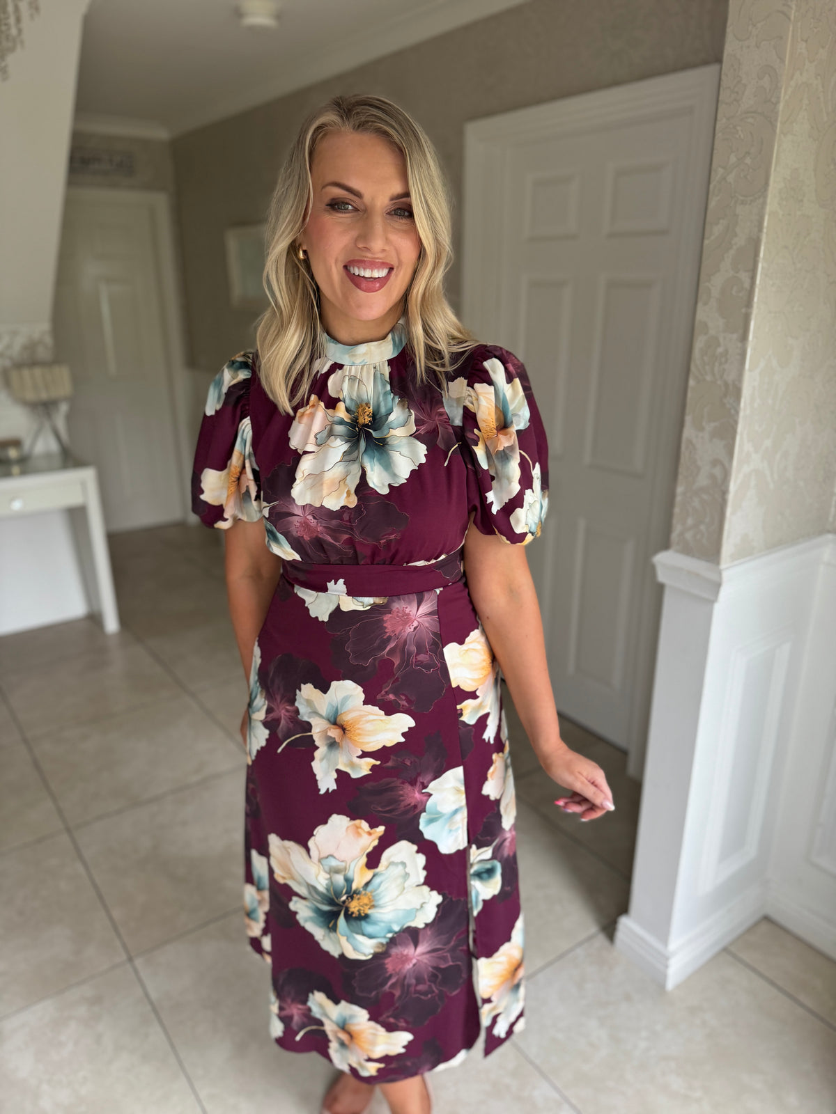 Lilith Plum Flower Puff Sleeve High Neck Midi Dress