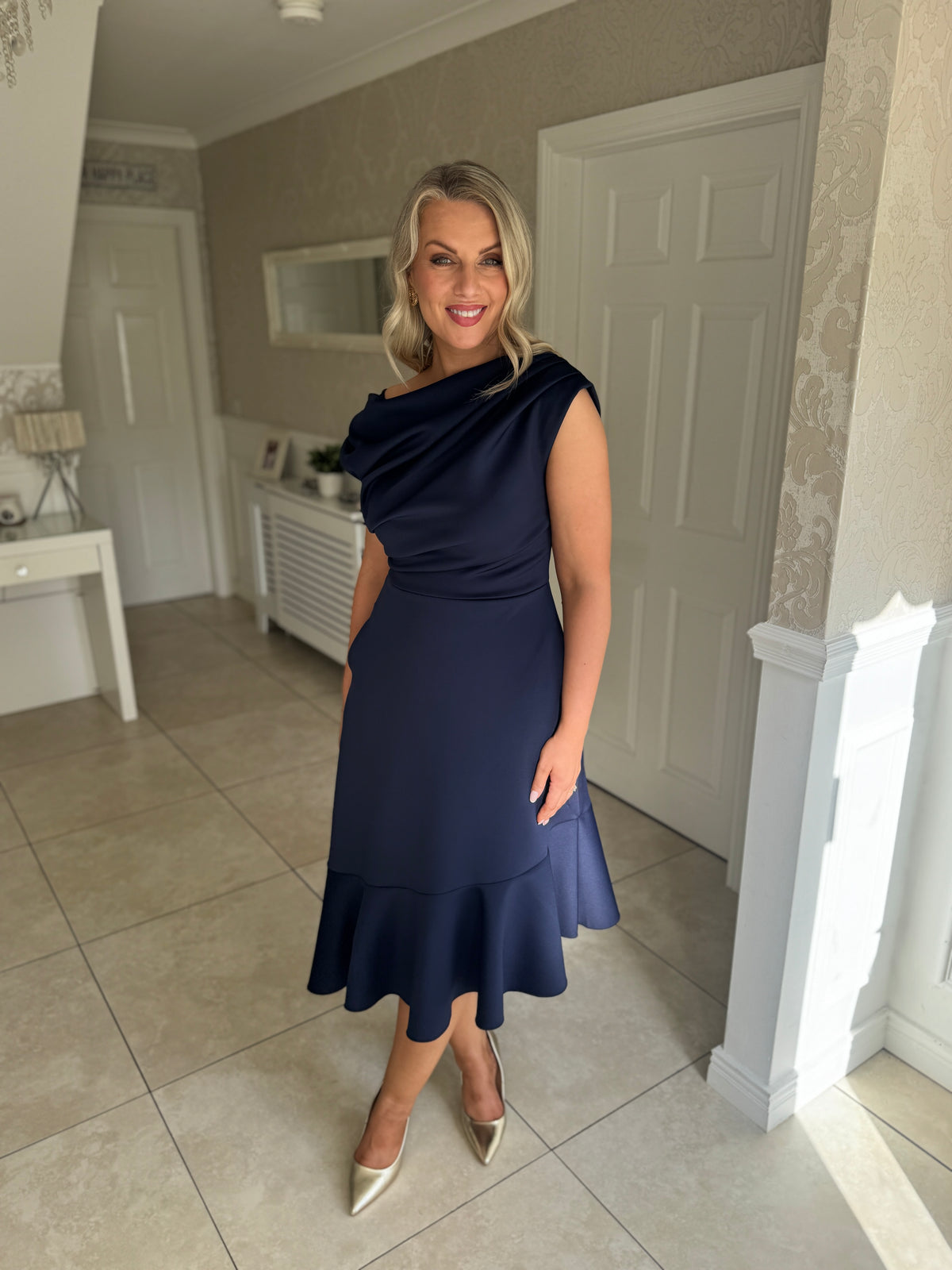 Felicity Asymmetric Frill Midi Dress Navy
