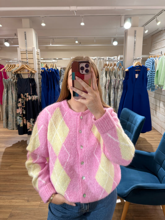 Argyle Wool Cardigan- Pink & Lemon