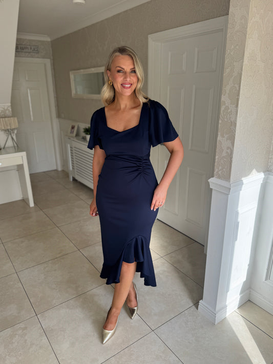 Leona Square Neck Frill Midi Dress Navy
