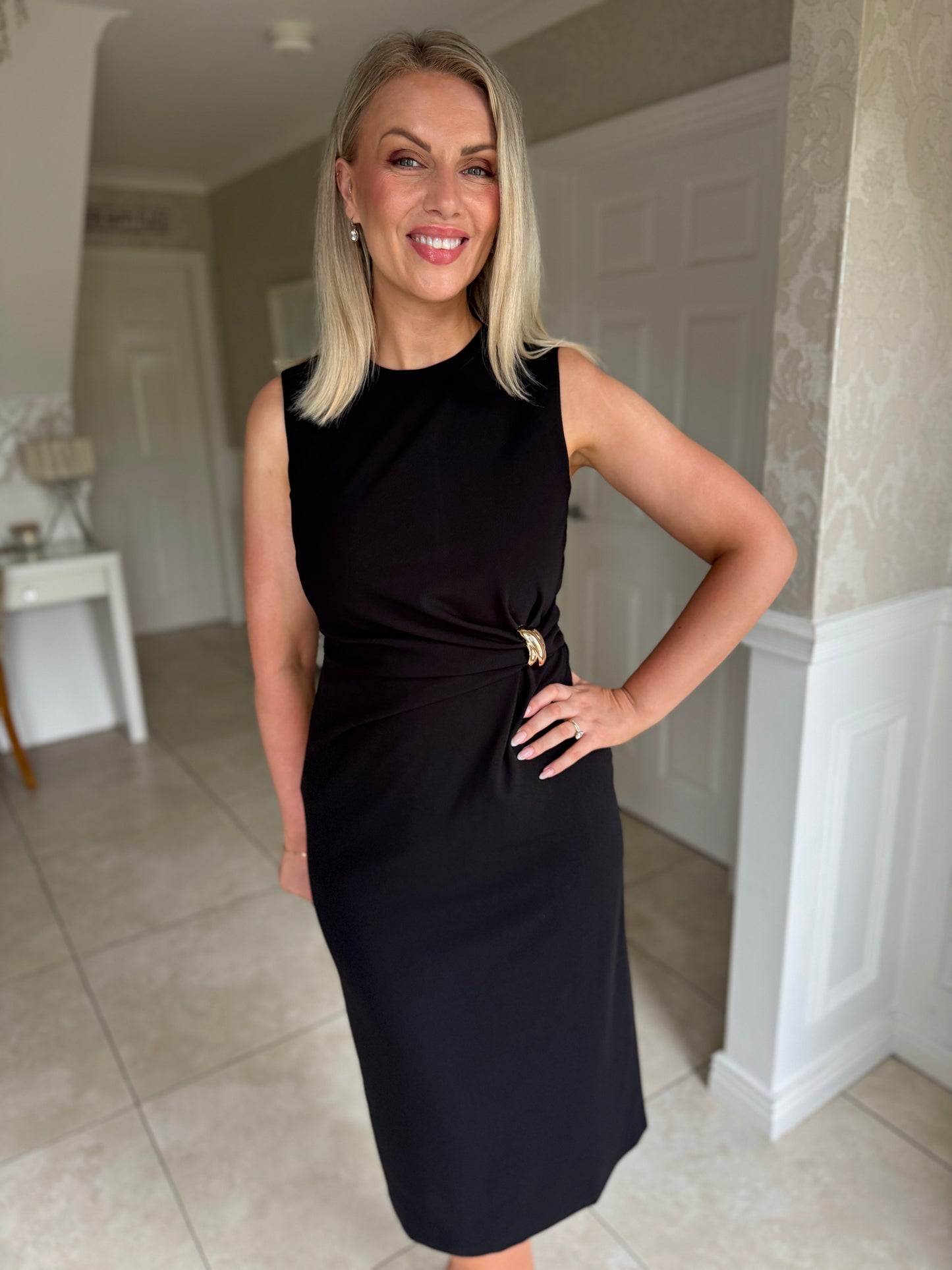 Louisa Gold Buckle Wrap detail Midi Dress Black