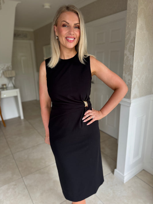 Louisa Gold Buckle Wrap detail Midi Dress Black