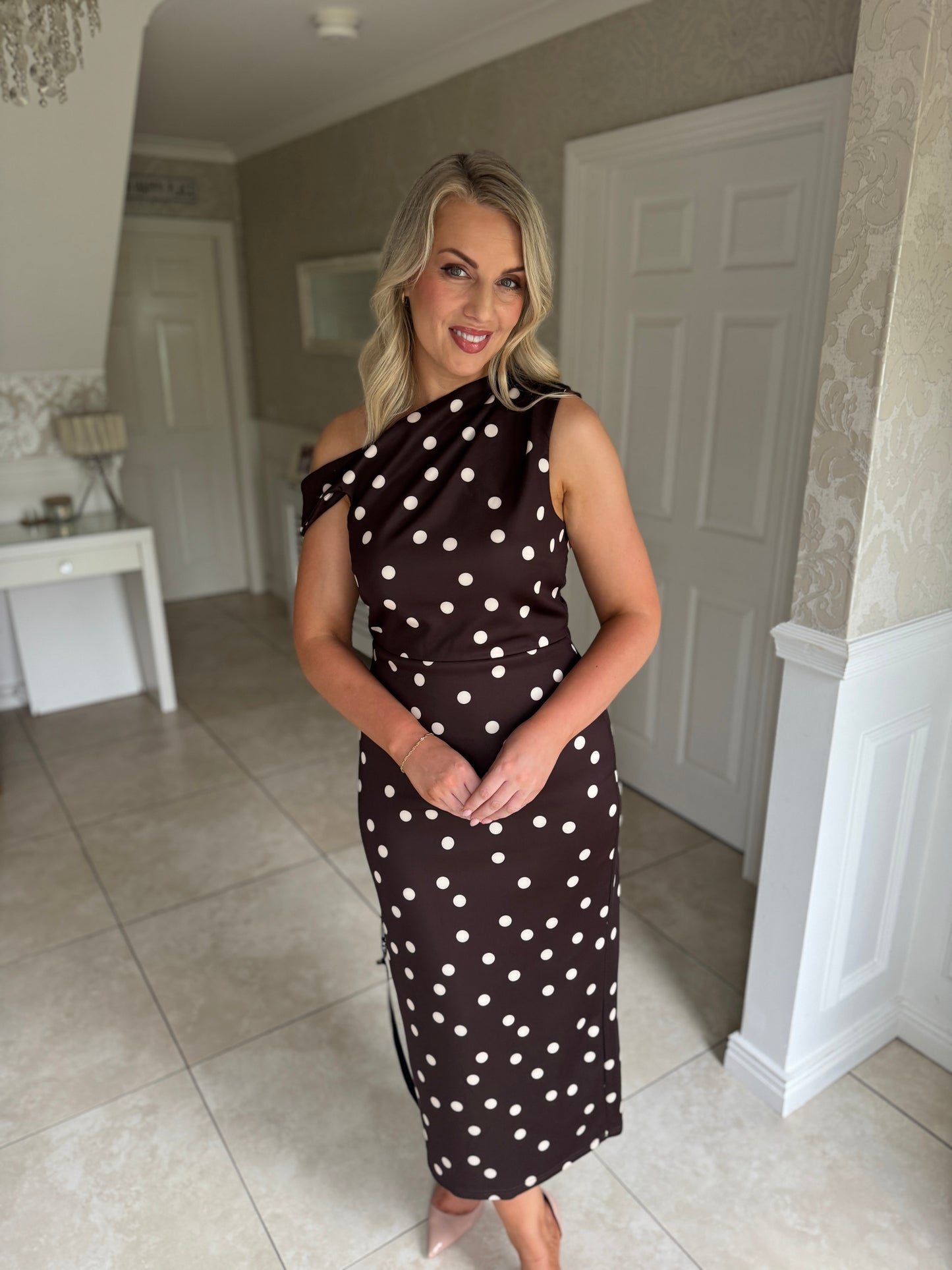 Chocolate Polka Dot Off The Shoulder Midi Dress