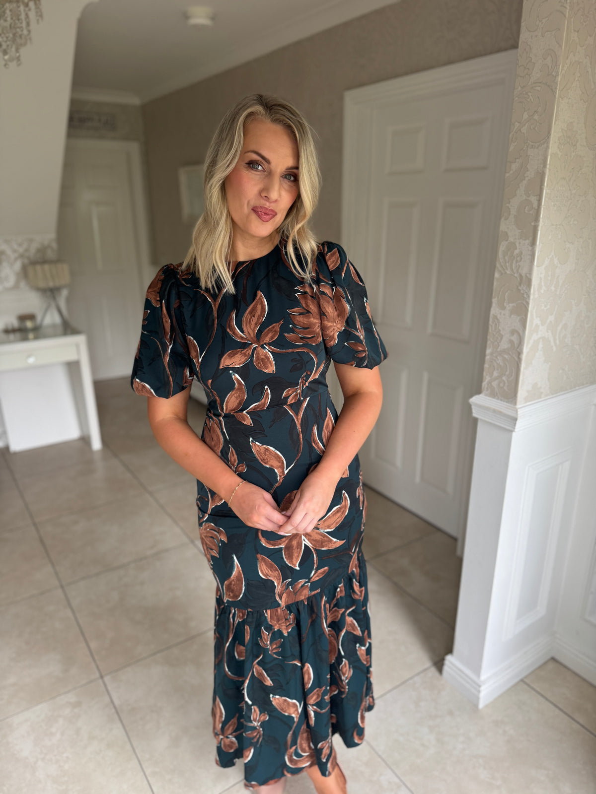 Briege Green Puff Sleeve Floral Ruffle Hem Midi Dress