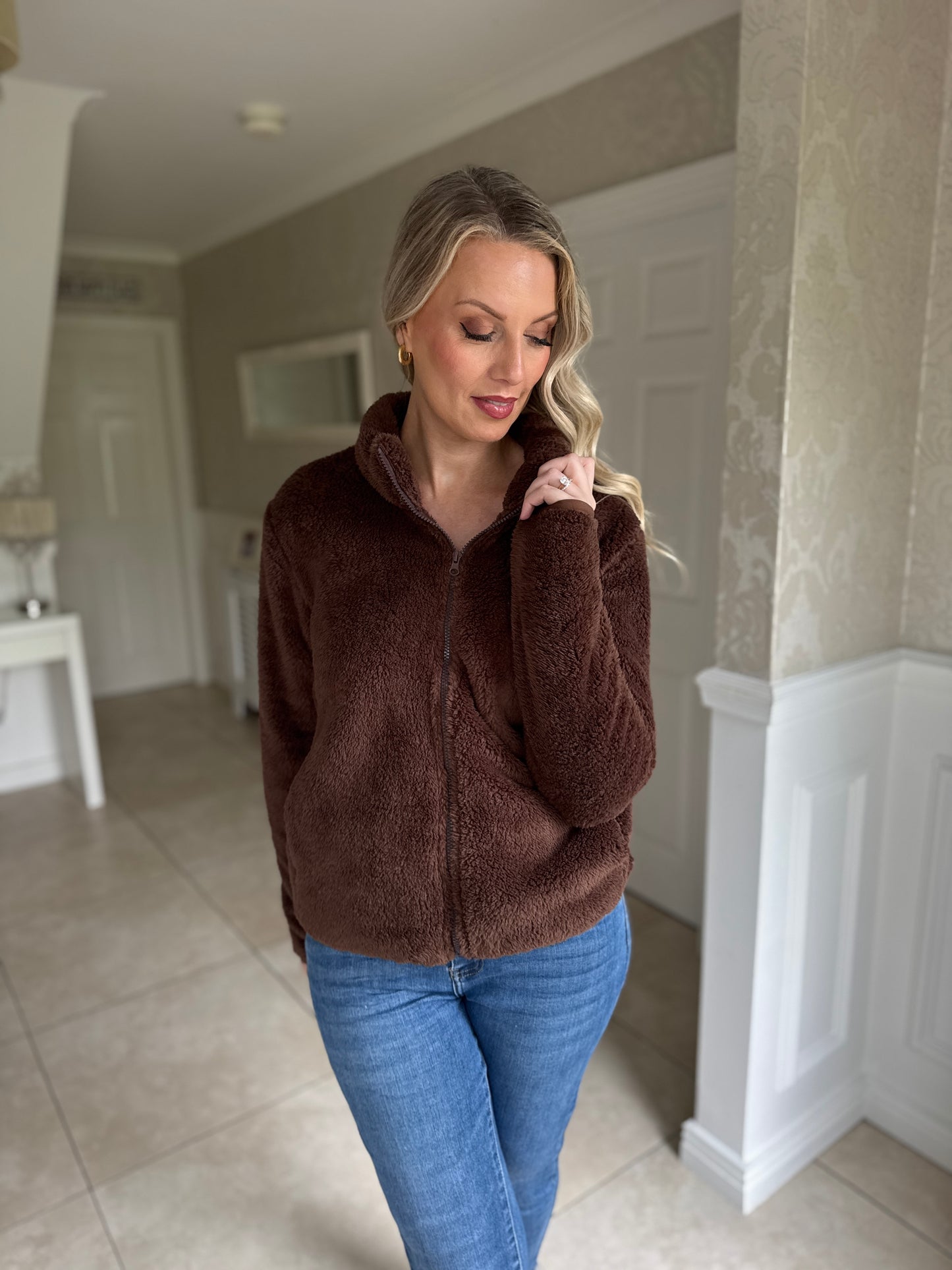 Teddy Fleece Bomber Jacket-Espresso