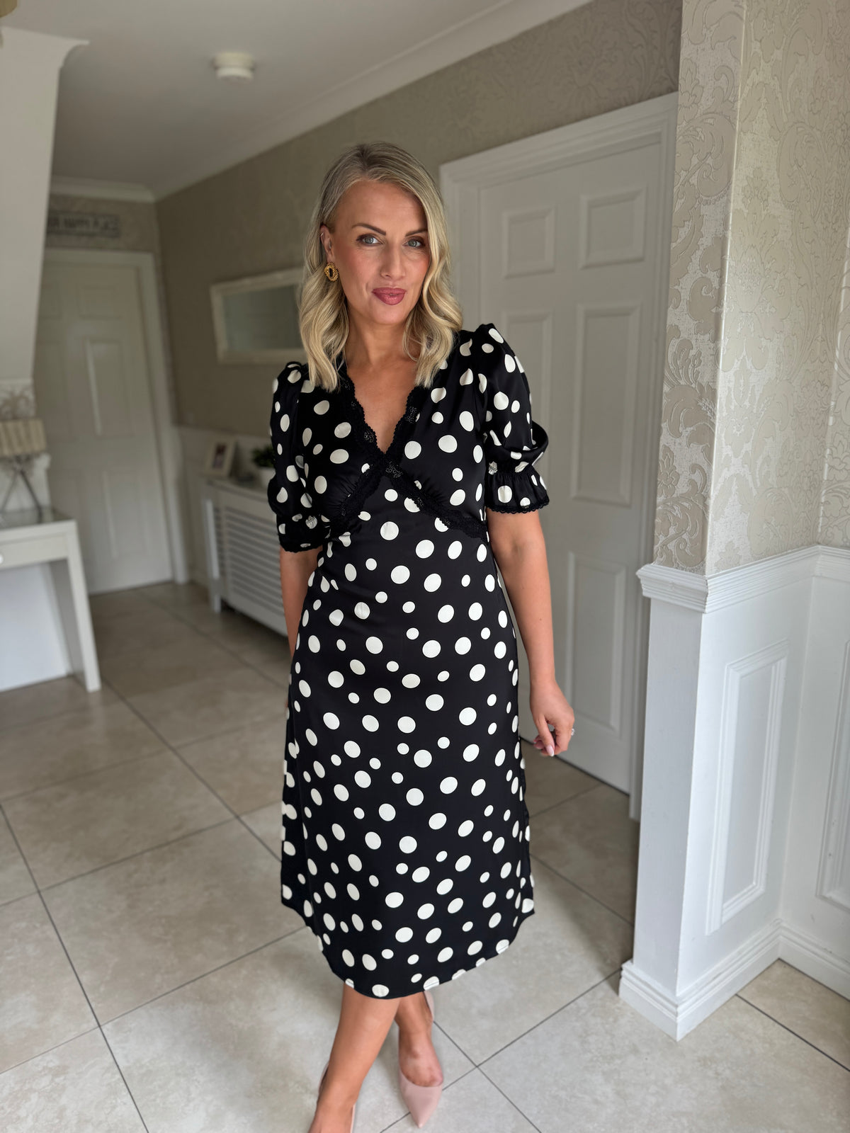 Sharon V-Neck Puff Sleeve Black Polka Midi Dress