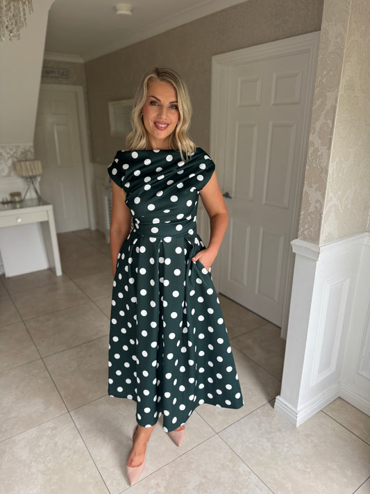 Betty Asymmetric Neckline Skater Midi Dress Green Polka