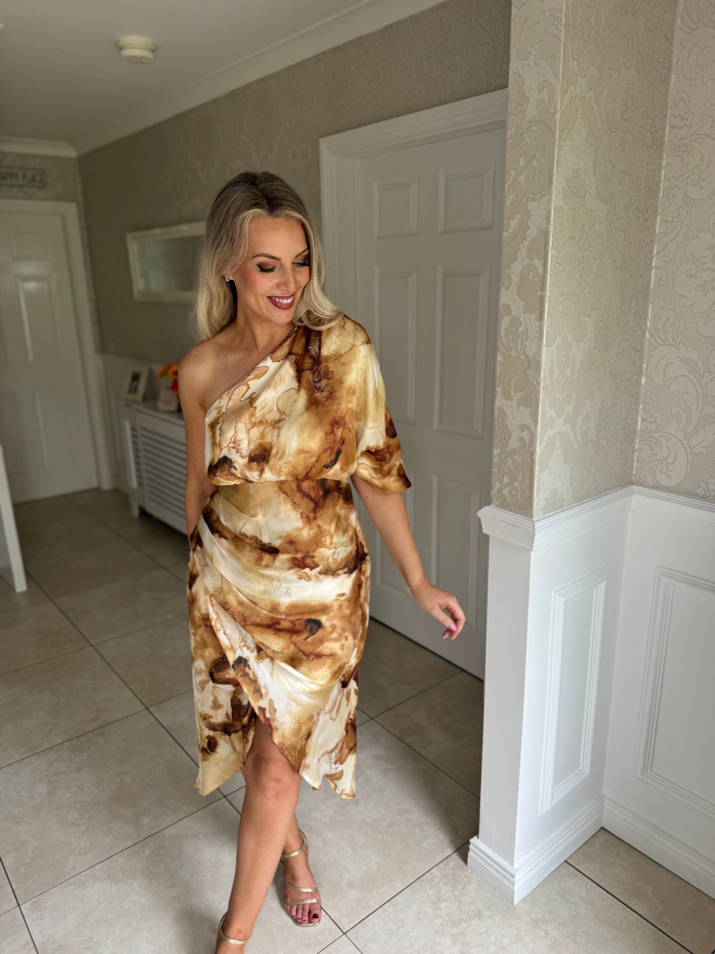 Ira One Shoulder Wrap Skirt Midi Dress Gold Print