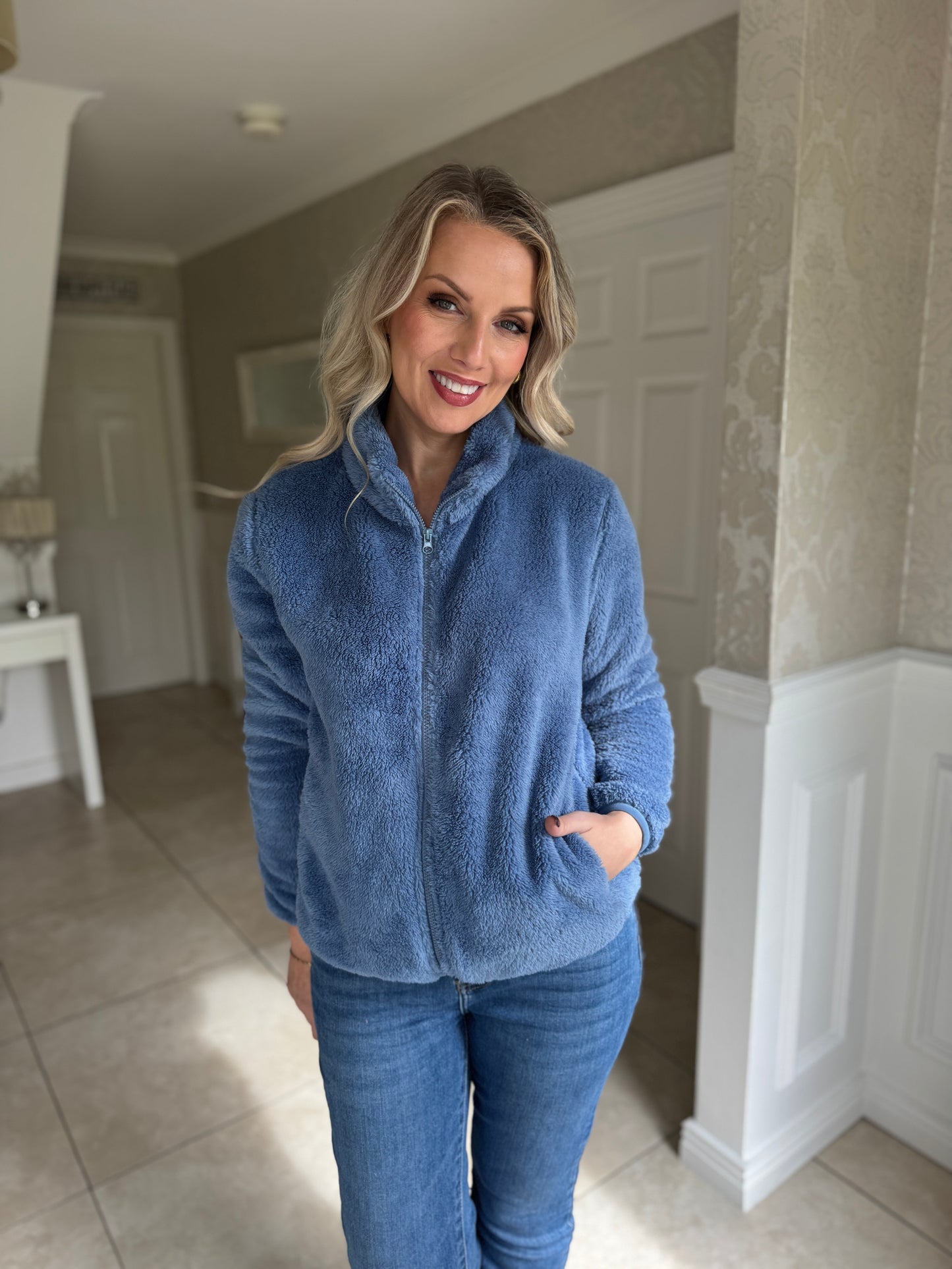 Teddy Fleece Bomber Jacket-Blue