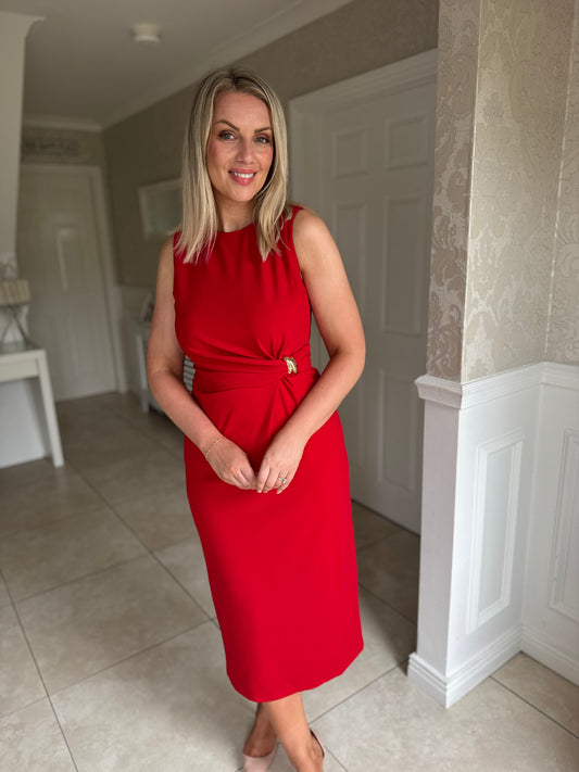 Louisa Gold Buckle Wrap detail Midi Dress Red