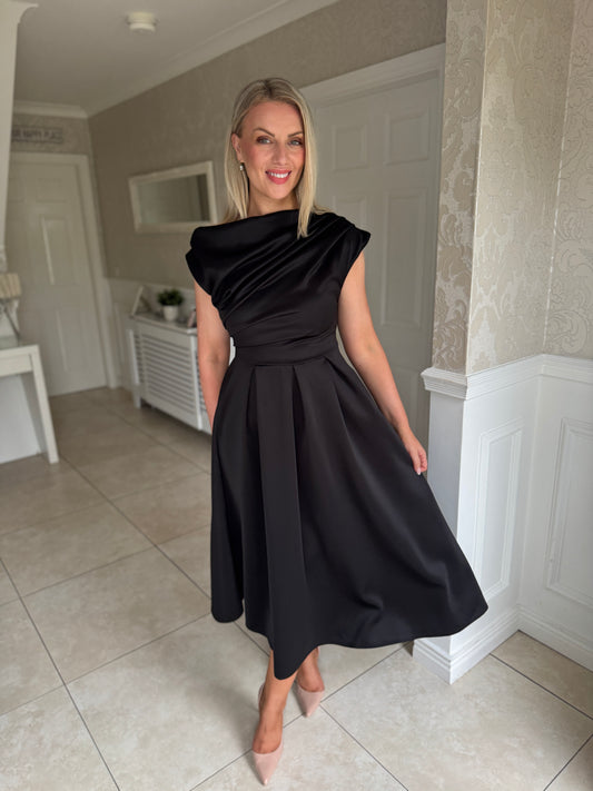 Betty Asymmetric Neckline Floral Skater Midi Dress Black