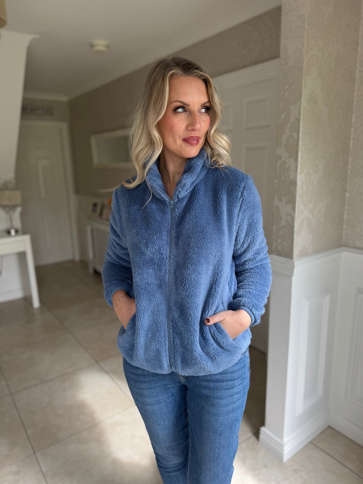 Teddy Fleece Bomber Jacket-Blue