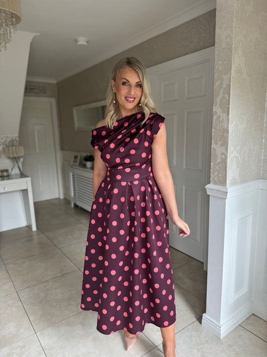 Betty Asymmetric Neckline Floral Skater Midi Dress Pink Polka