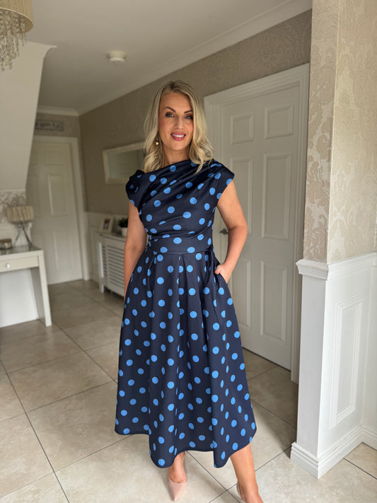 Betty Asymmetric Neckline Floral Skater Midi Dress Navy Polka