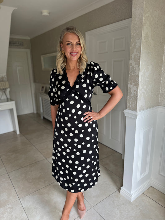 Sharon V-Neck Puff Sleeve Black Polka Midi Dress