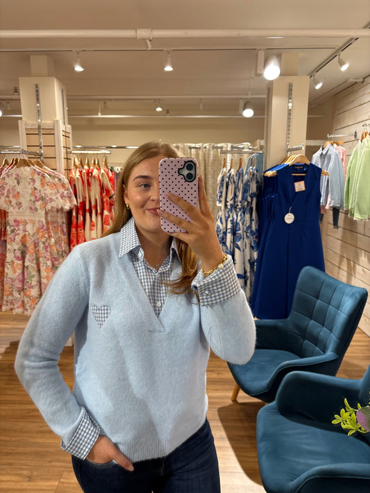 Gingham Collared Knit Jumper- Blue