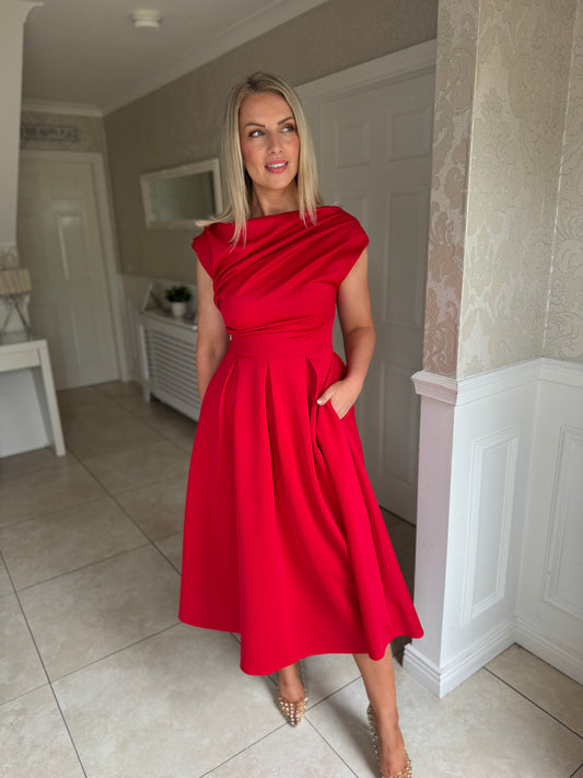Betty Asymmetric Neckline Floral Skater Midi Dress Red