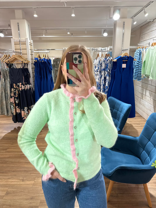 Frill Neck Cardigan- Green & Pink