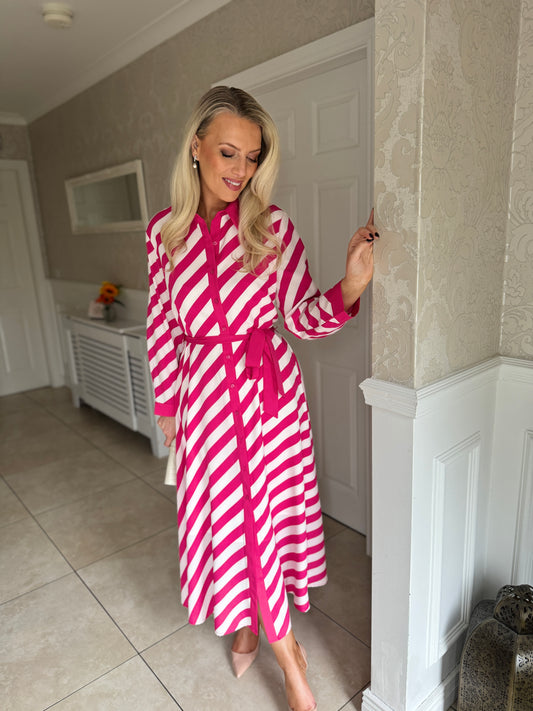 Striped Shirt Dress- Pink