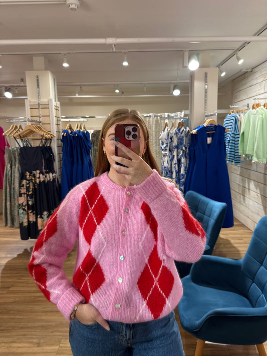 Argyle Wool Cardigan- Pink & Red