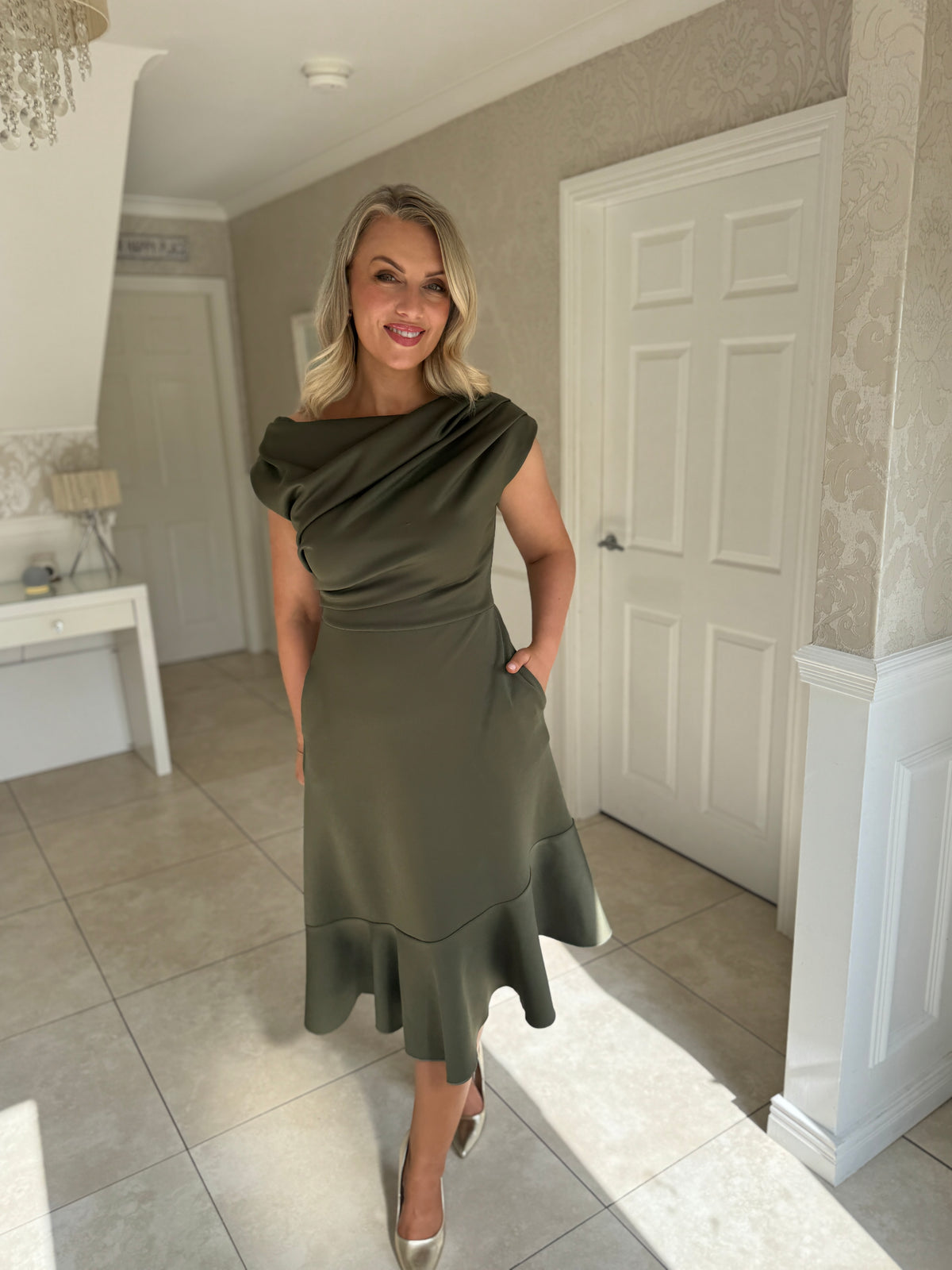 Felicity Asymmetric Frill Midi Dress Khaki