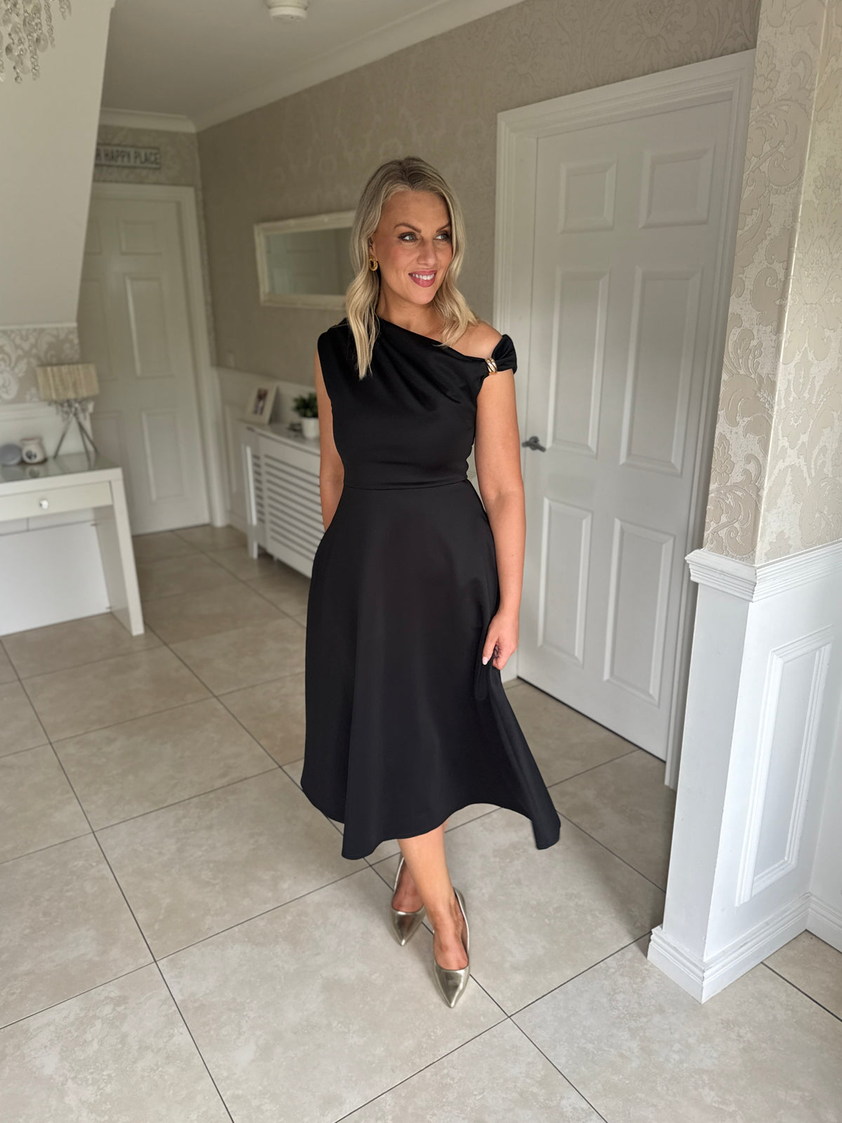Tillie Gold Trim Asymmetric Neck Midi Dress Black