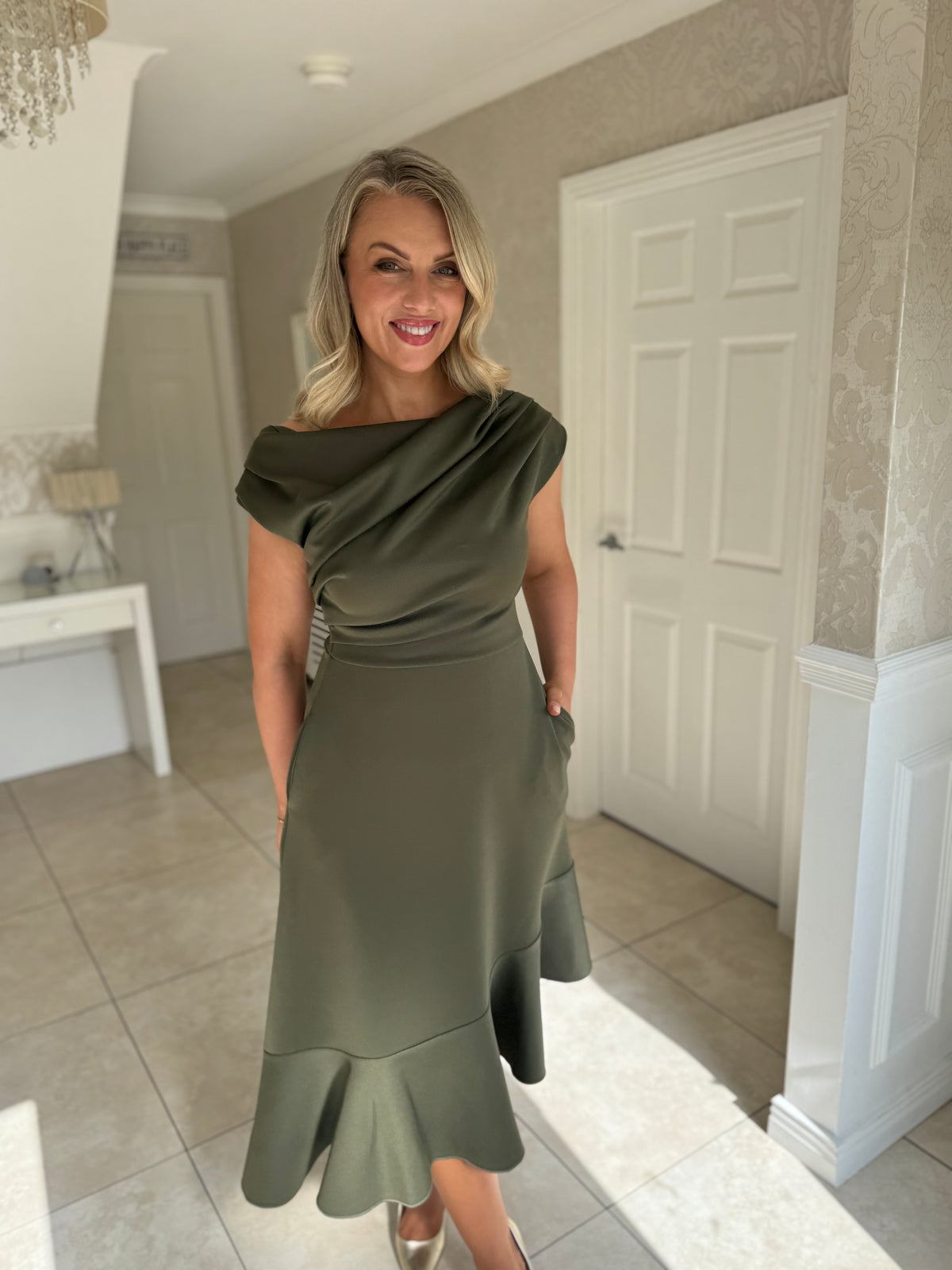 Felicity Asymmetric Frill Midi Dress Khaki