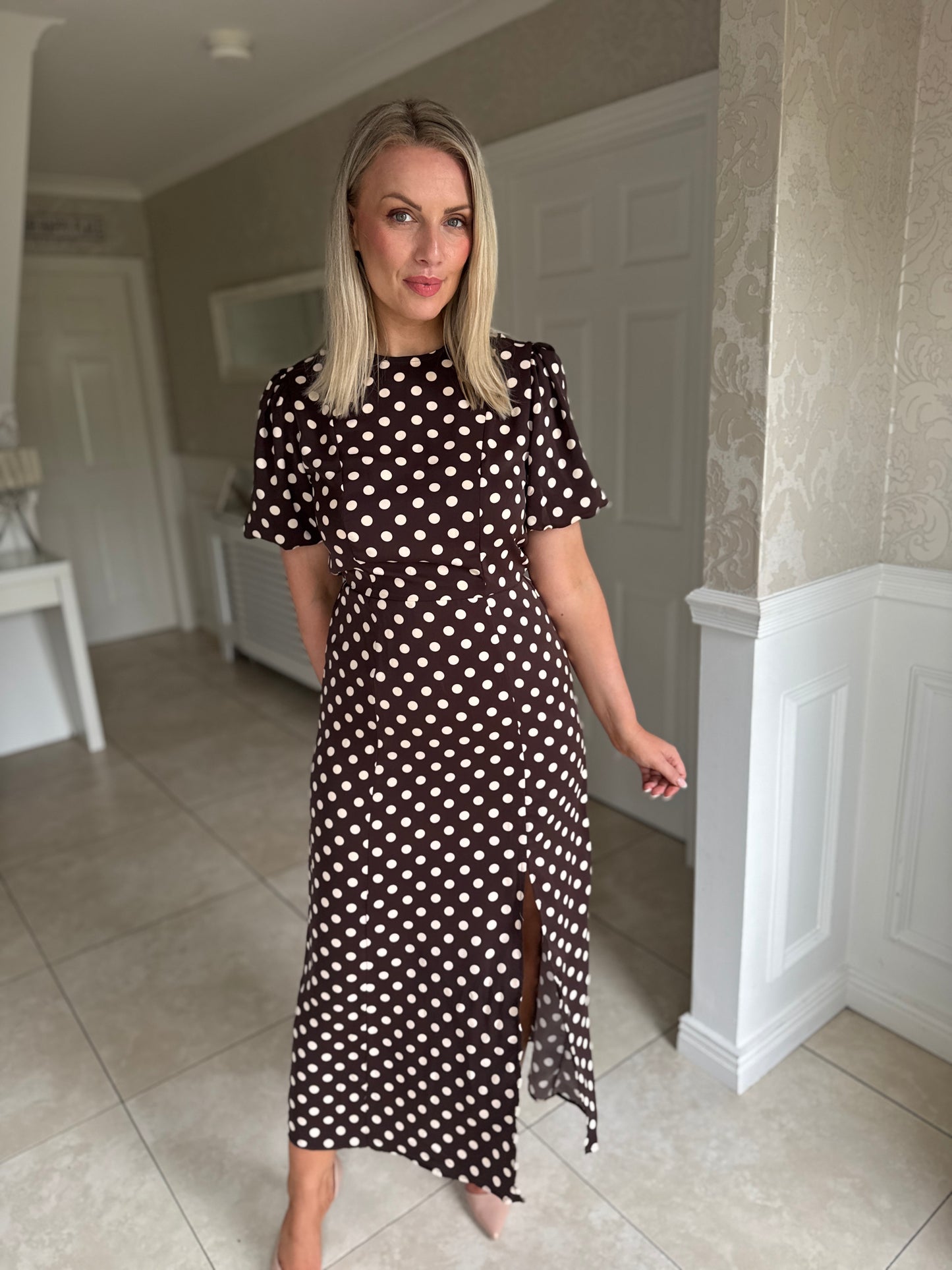 Chocolate Polka Dot Print Puff Sleeve Midi Dress